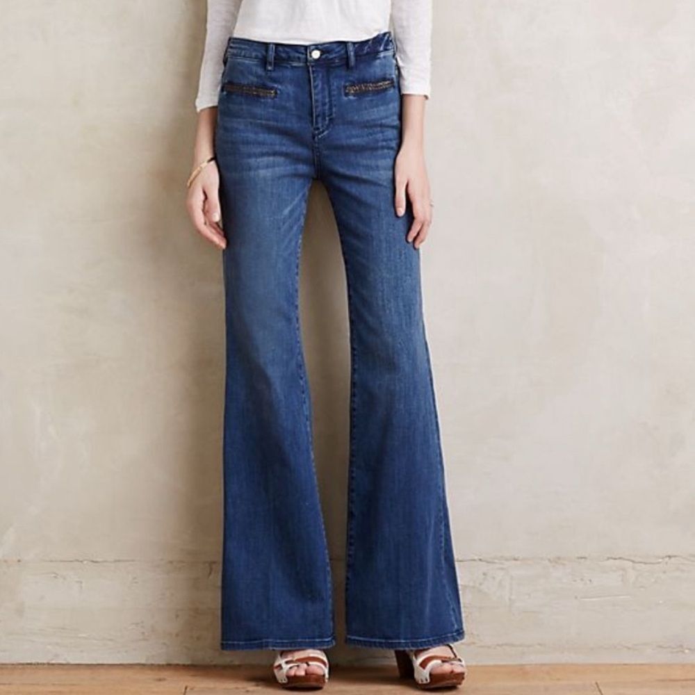 Anthropologie Pilcro Stet High Rise Flare Boho Leather Braid Trim Size 28 | 6